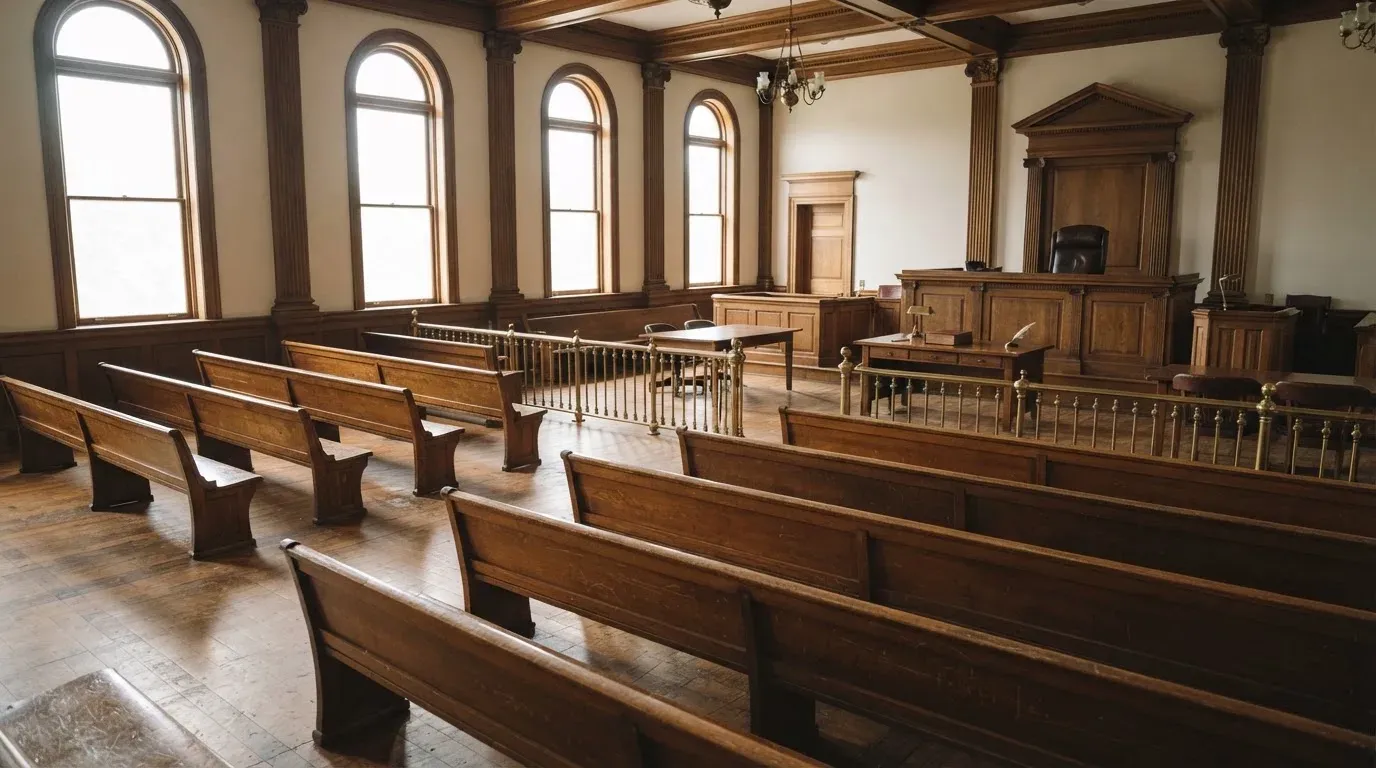An empty courtroom with wooden benches in morning light