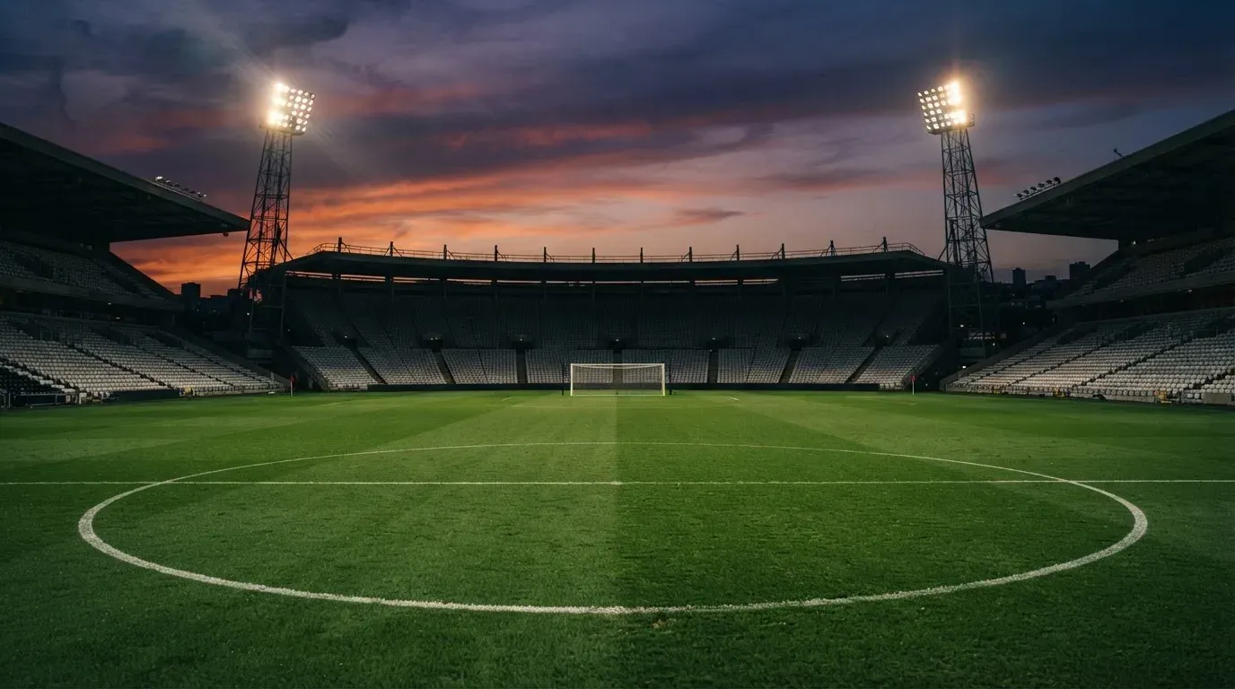An empty football stadium with floodlight masts at dusk