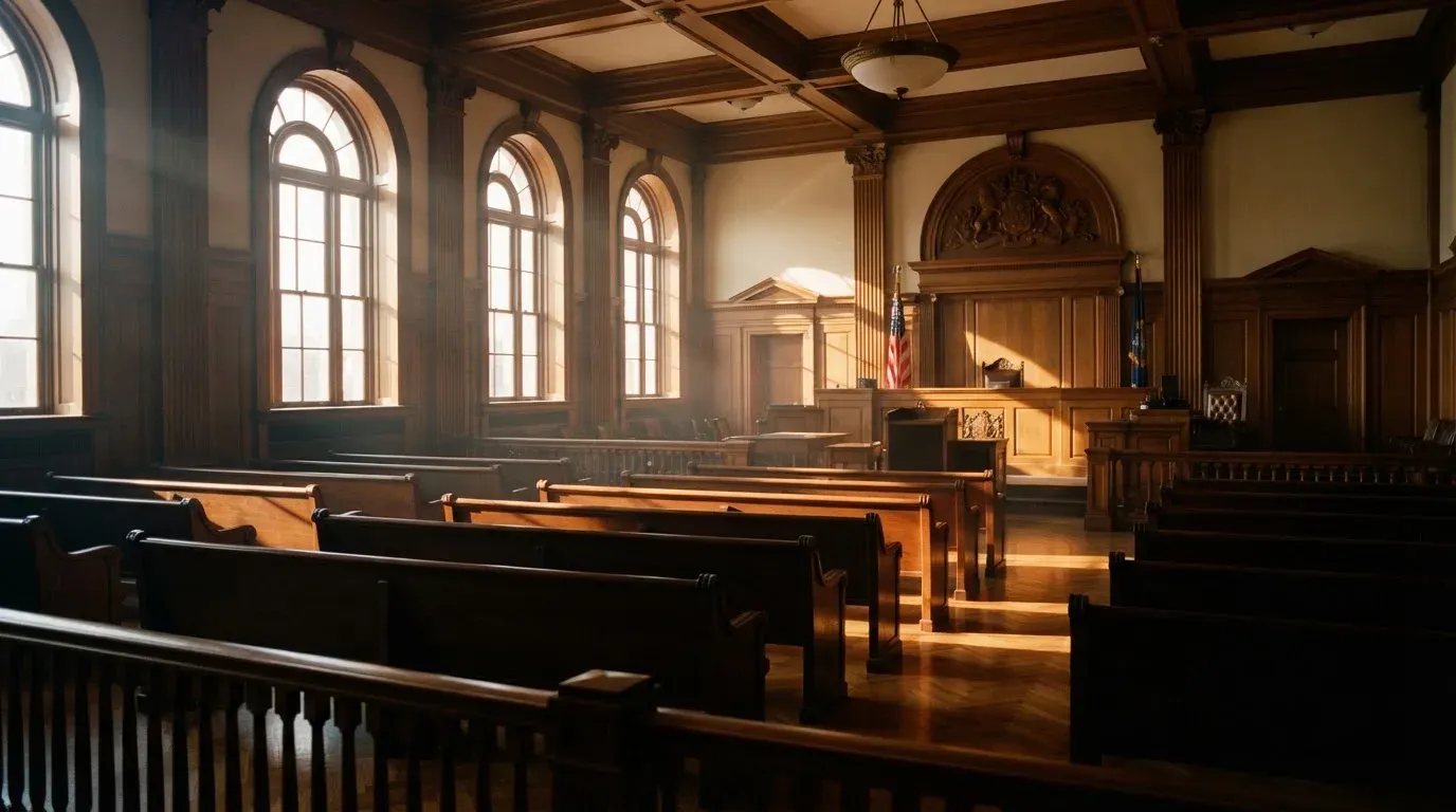 An empty courtroom with wooden benches in morning light