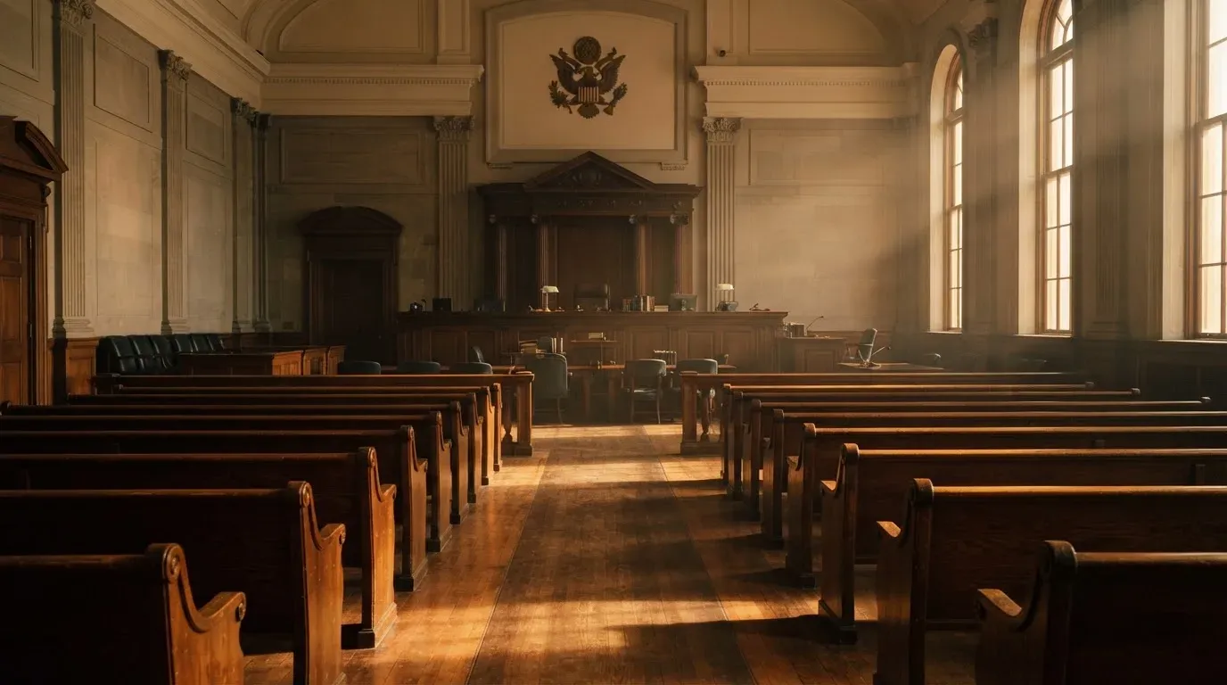 An empty courtroom with wooden benches in morning light