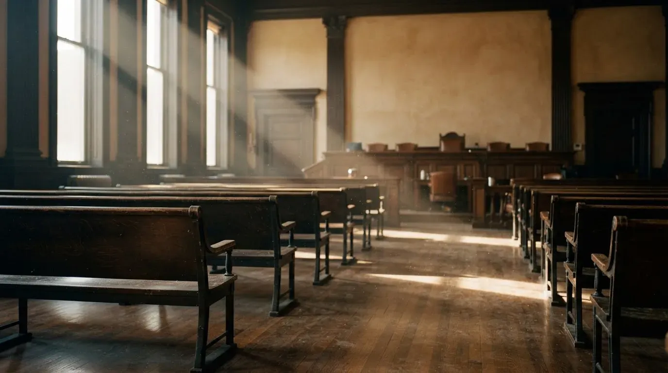 An empty courtroom with wooden benches in morning light