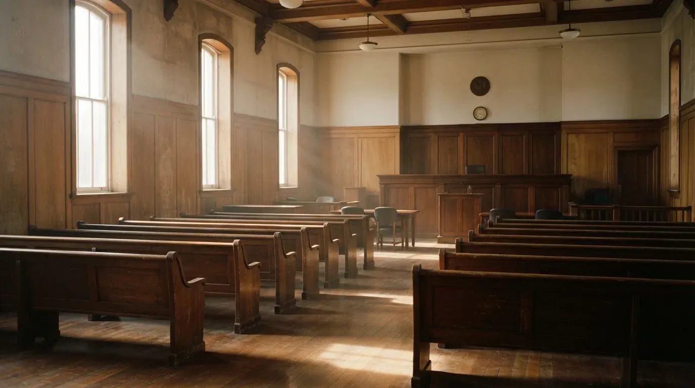 An empty courtroom with wooden benches in morning light