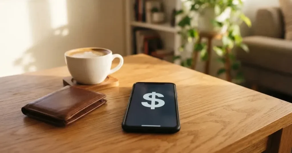 A smartphone on a wooden table beside a wallet and a coffee cup