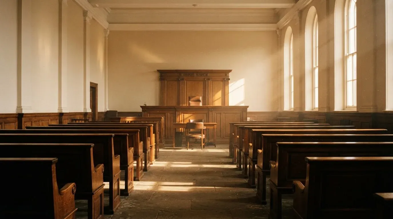 An empty courtroom with wooden benches in morning light