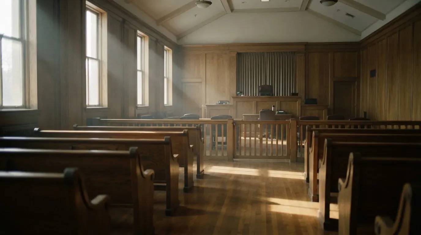An empty courtroom with wooden benches in morning light