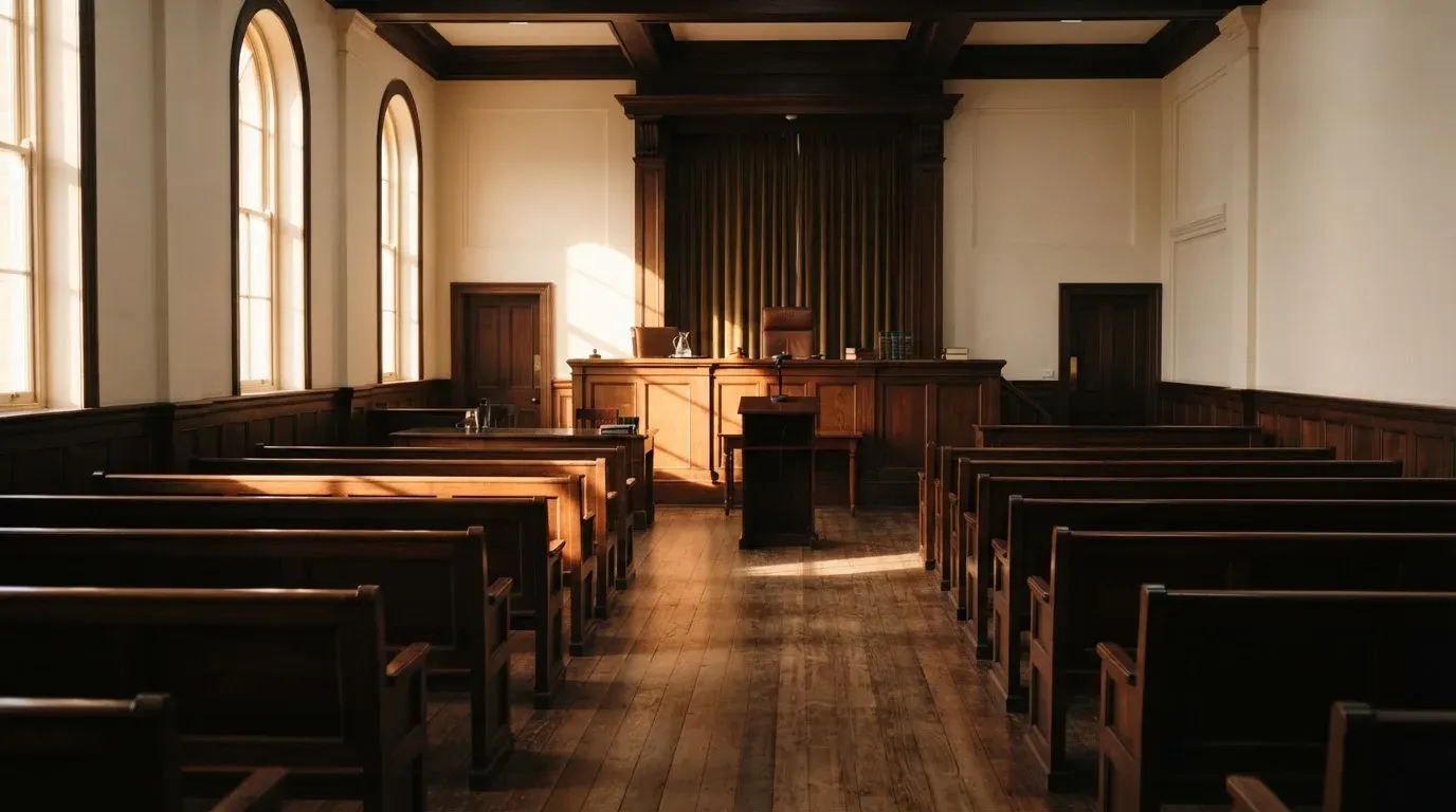An empty courtroom with wooden benches in morning light