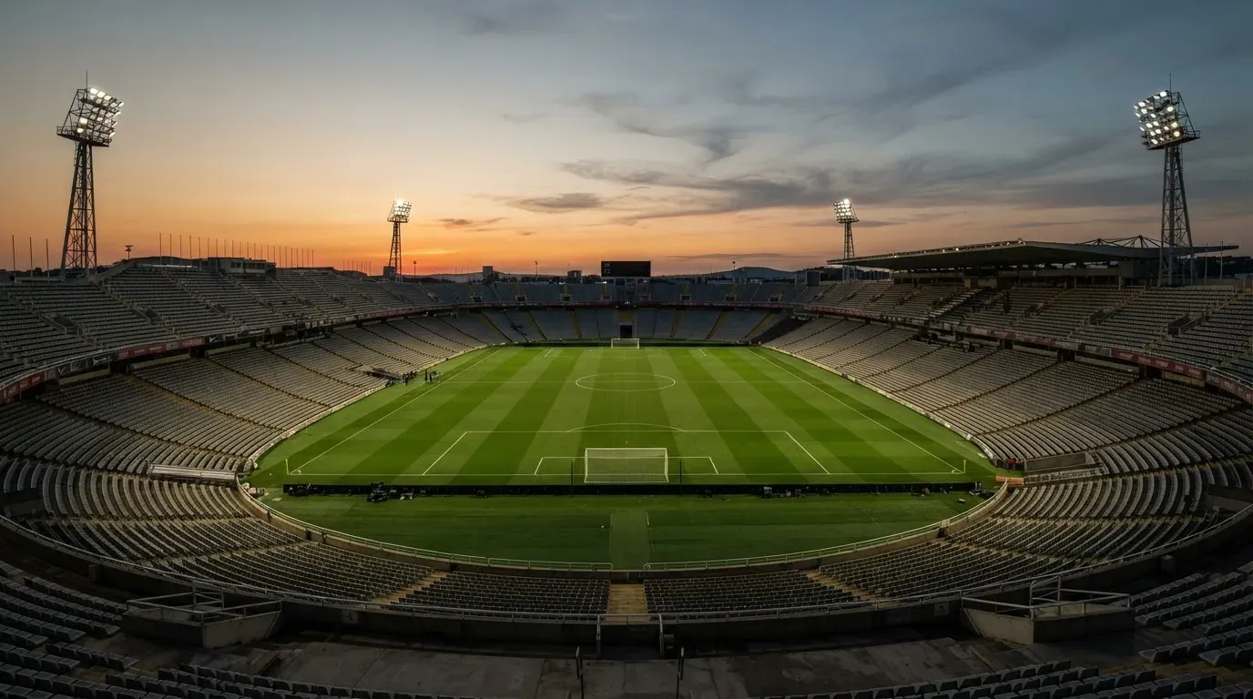 An empty football stadium with floodlight masts at dusk