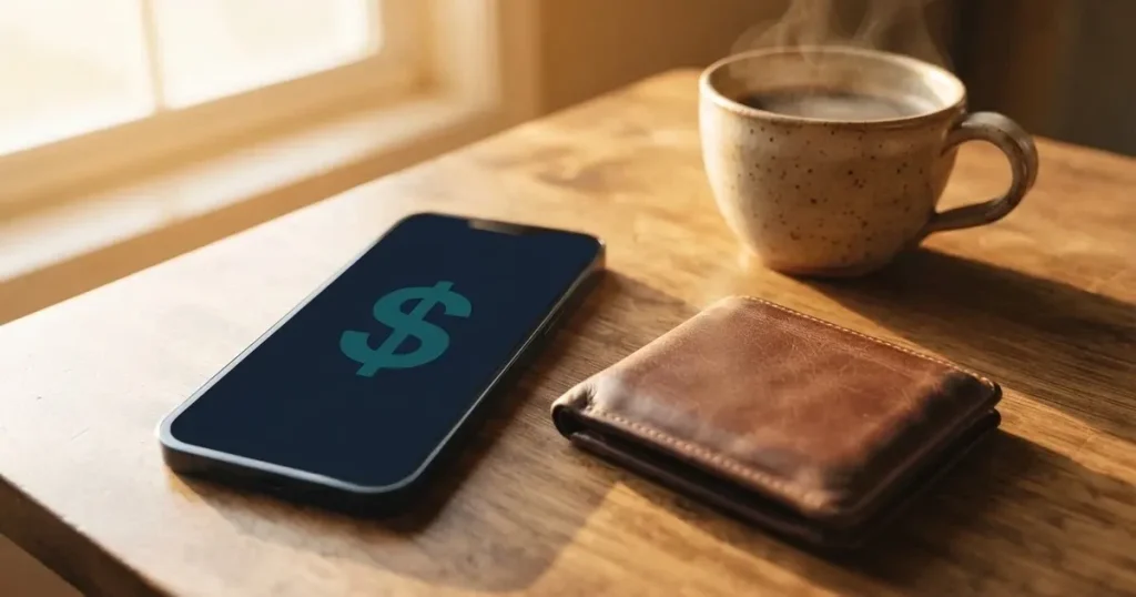 A smartphone on a wooden table beside a wallet and a coffee cup