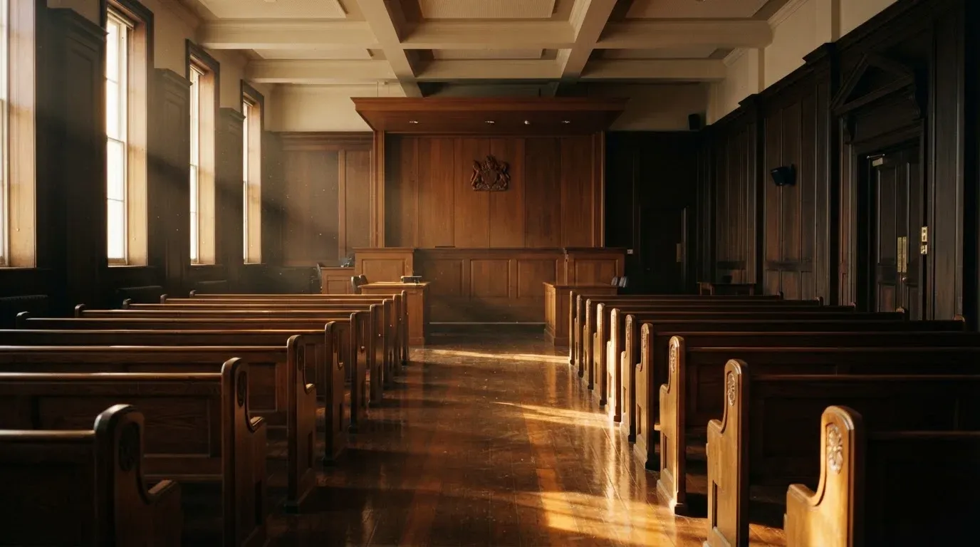 An empty courtroom with wooden benches in morning light