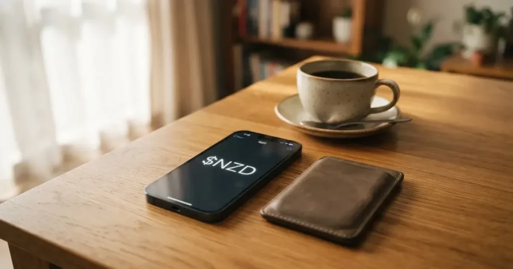 A smartphone on a wooden table beside a wallet and a coffee cup