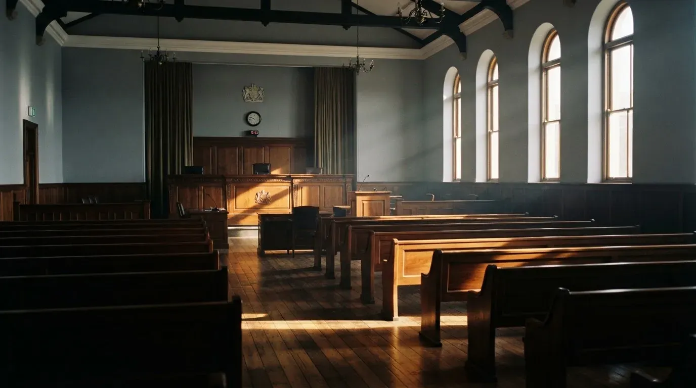 An empty courtroom with wooden benches in morning light