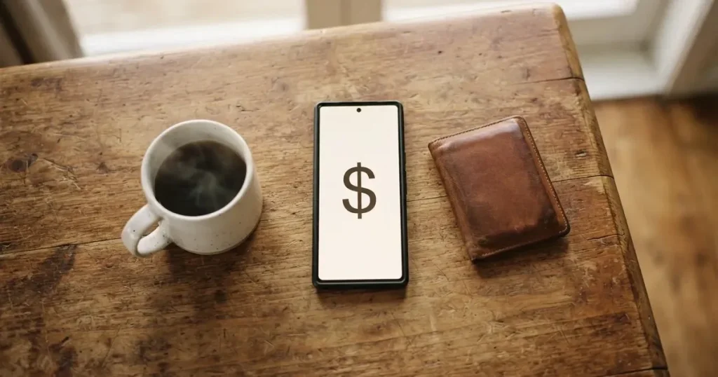 A smartphone on a wooden table beside a wallet and a coffee cup