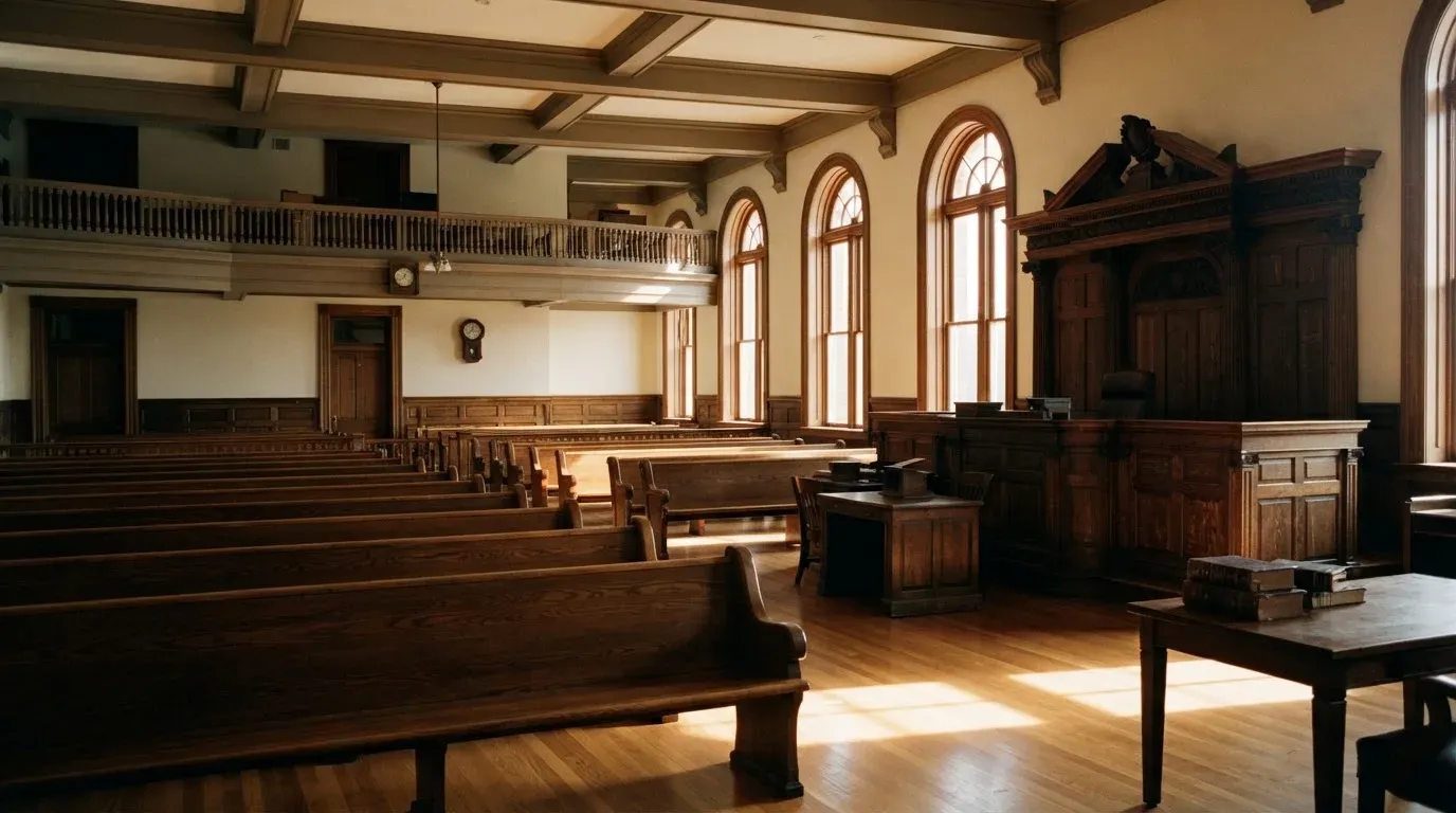 An empty courtroom with wooden benches in morning light