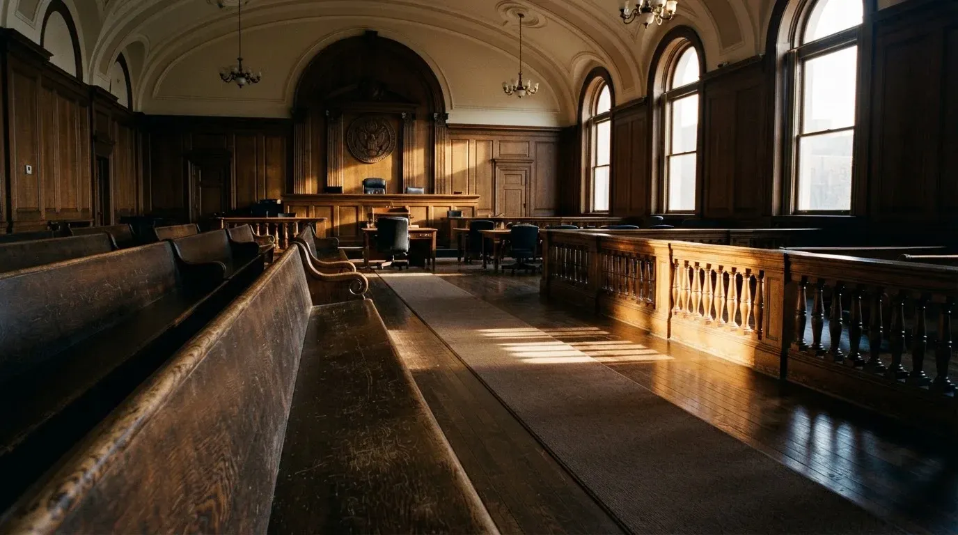An empty courtroom with wooden benches in morning light