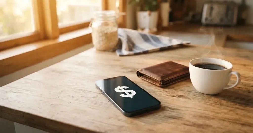 A smartphone on a wooden table beside a wallet and a coffee cup