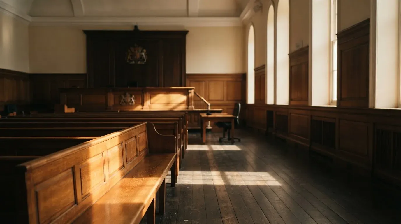 An empty courtroom with wooden benches in morning light