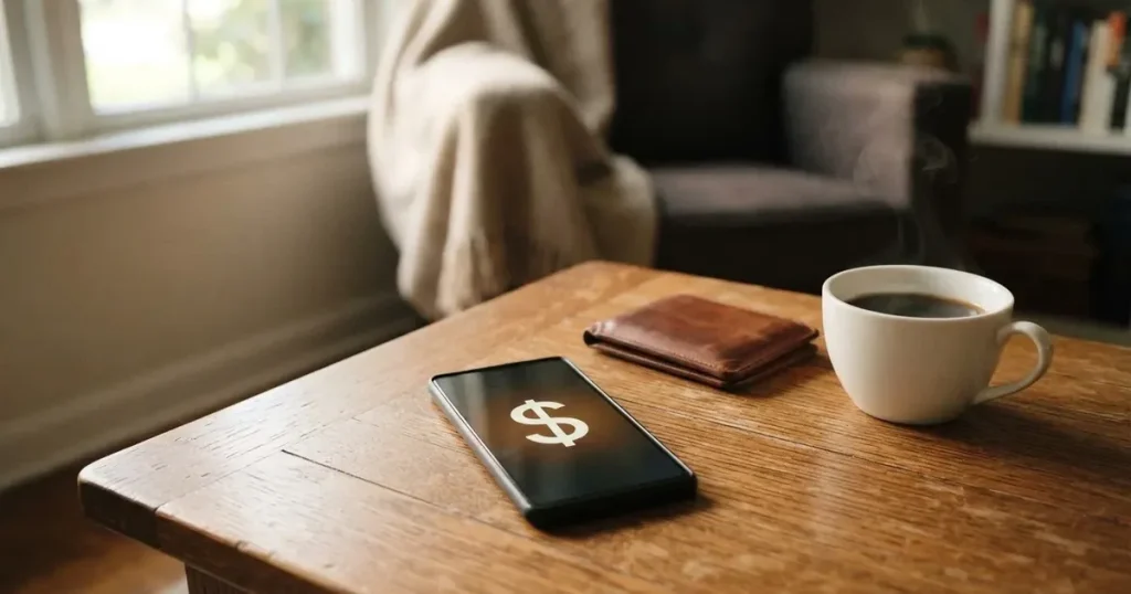 A smartphone on a wooden table beside a wallet and a coffee cup