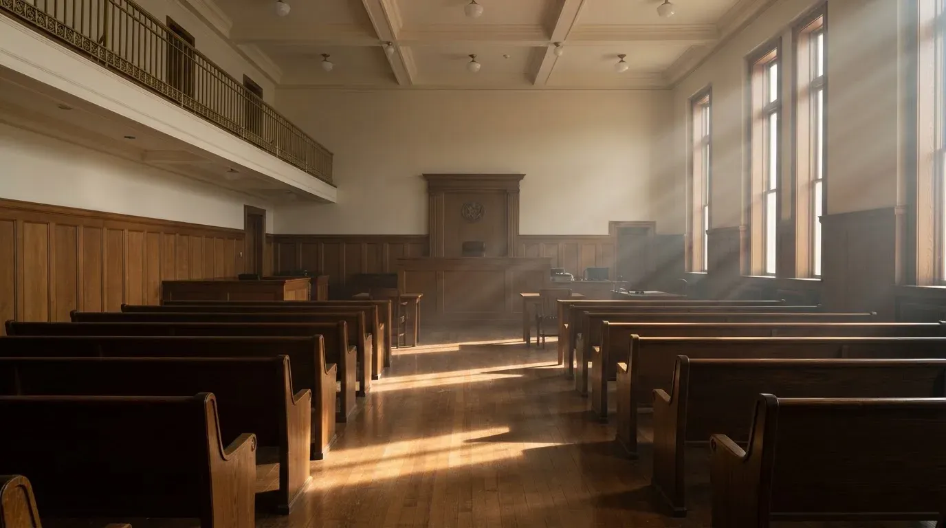 An empty courtroom with wooden benches in morning light