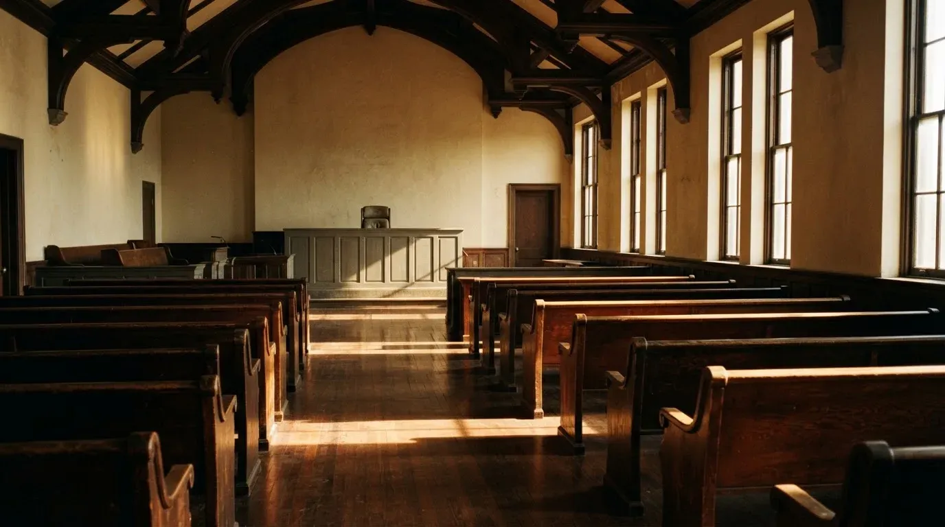 An empty courtroom with wooden benches in morning light