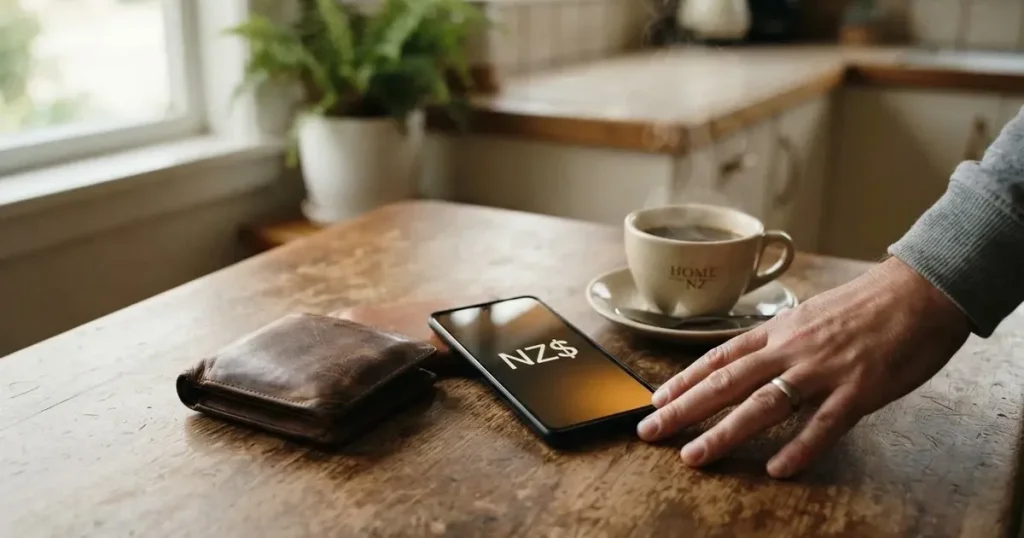 A smartphone on a wooden table beside a wallet and a coffee cup