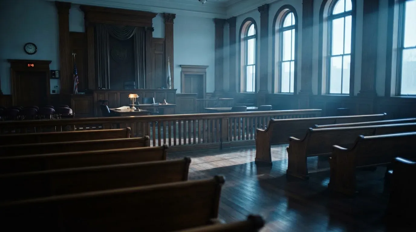An empty courtroom with wooden benches in morning light