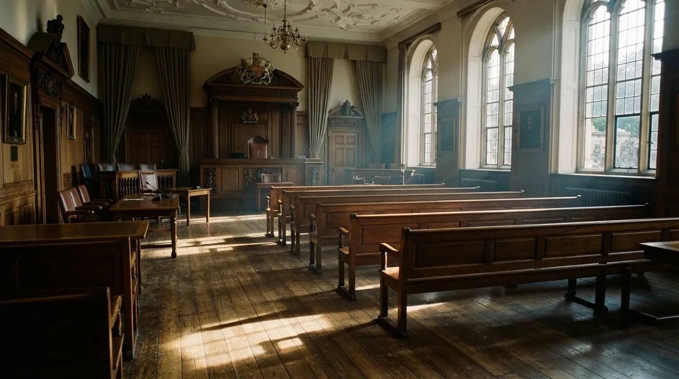 An empty courtroom with wooden benches in morning light