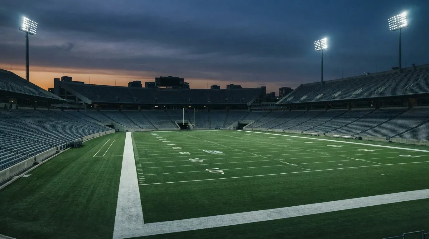 An empty football stadium with floodlight masts at dusk