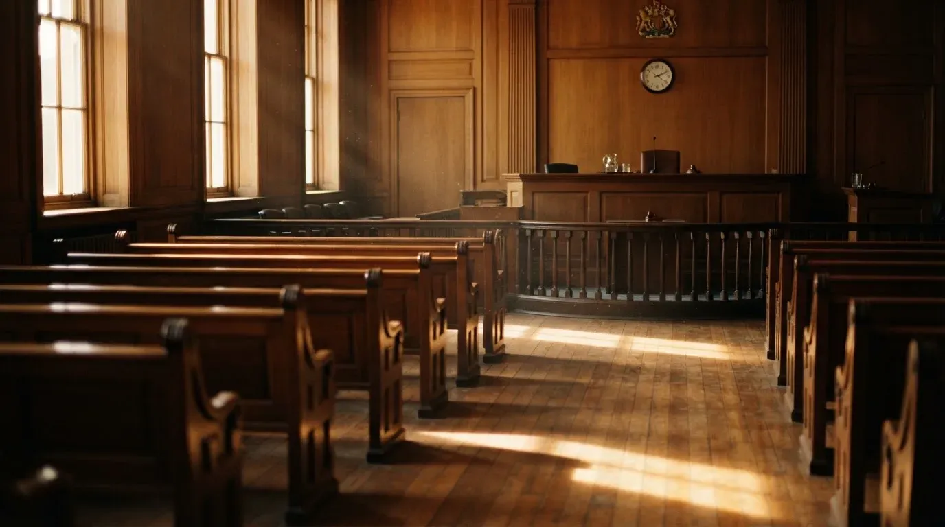 An empty courtroom with wooden benches in morning light