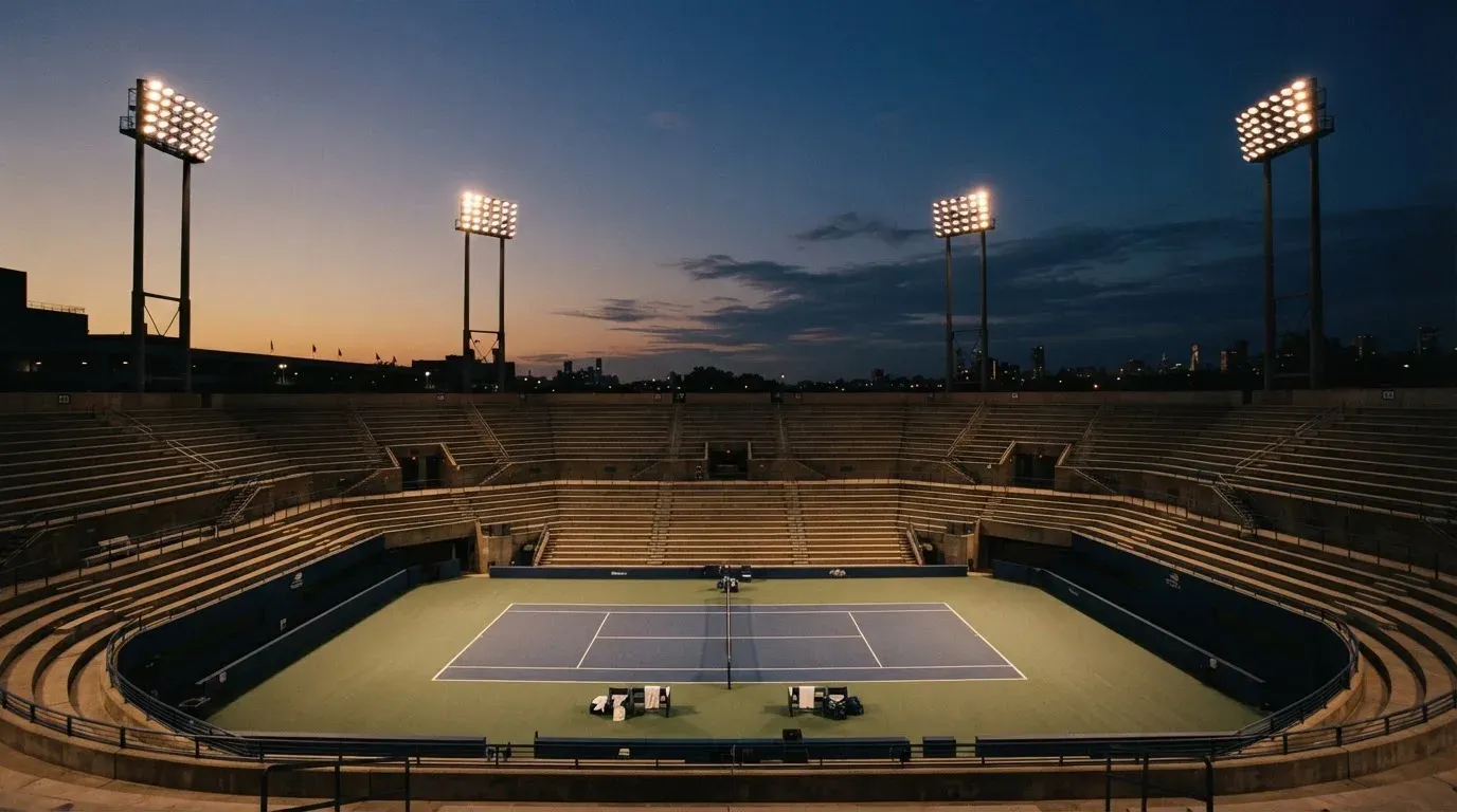 An empty football stadium with floodlight masts at dusk
