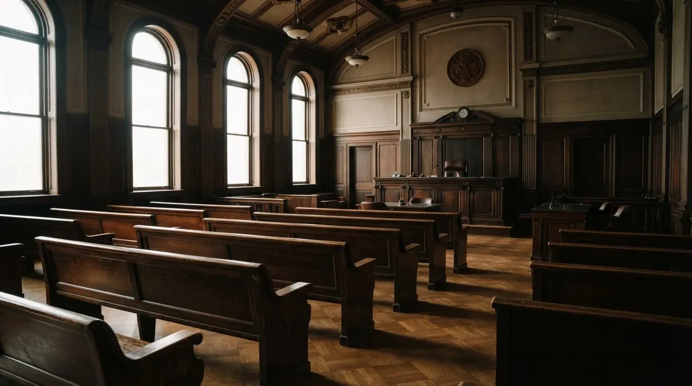 An empty courtroom with wooden benches in morning light