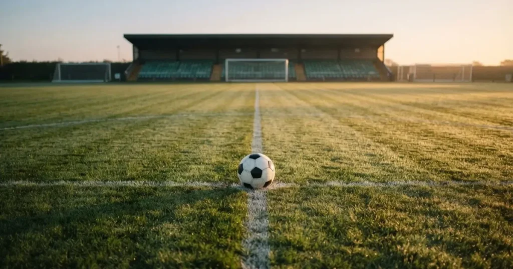 A ball on the centre spot of a grass pitch in morning light