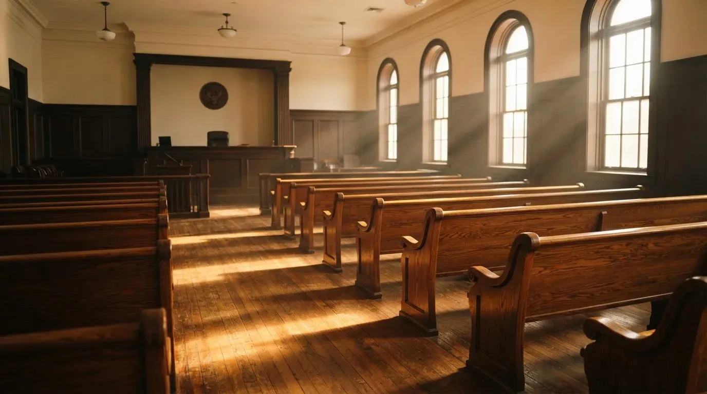 An empty courtroom with wooden benches in morning light