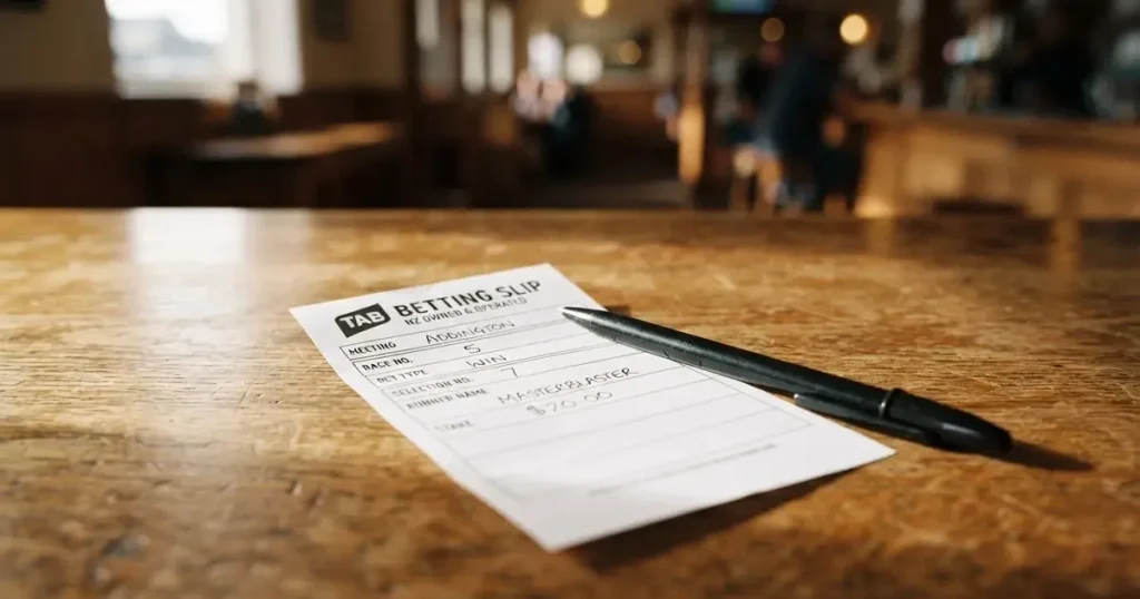 A blank paper betting slip beside a pen on a wooden counter