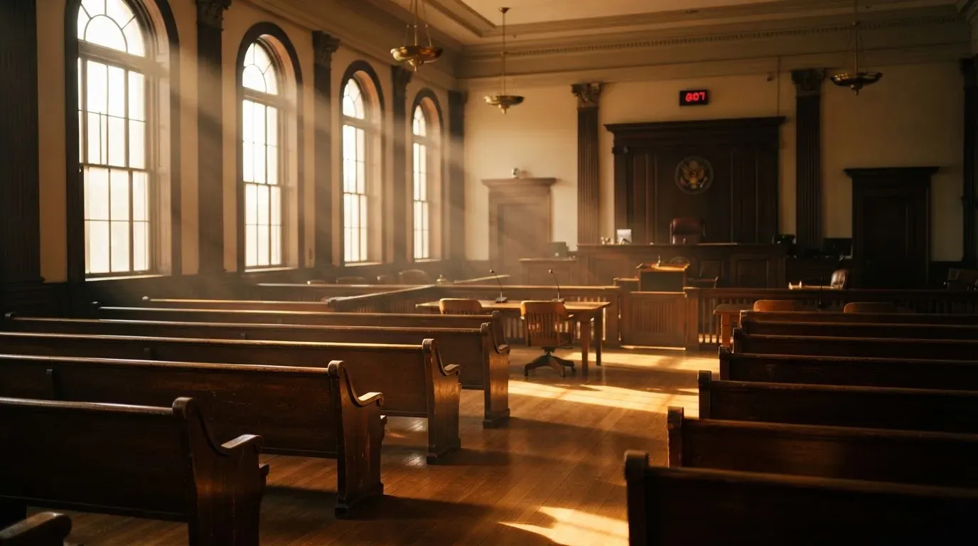 An empty courtroom with wooden benches in morning light