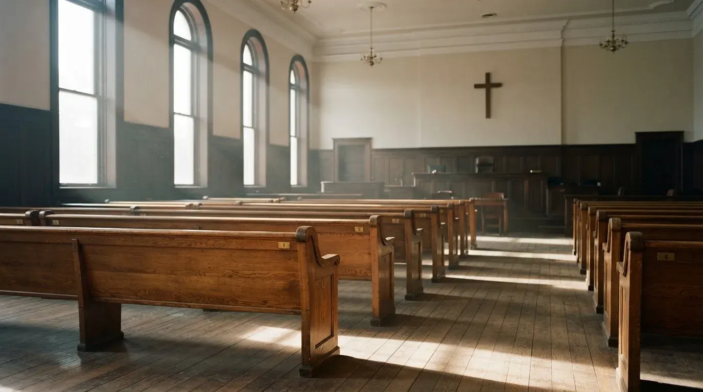 An empty courtroom with wooden benches in morning light